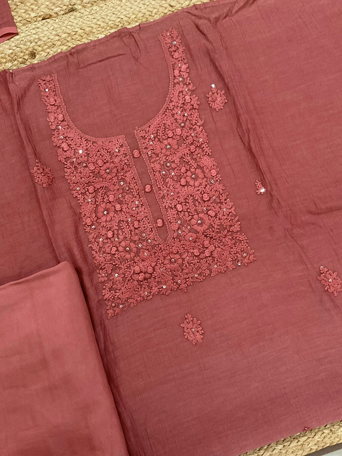 Pure Mul Chanderi Embroidered Suit - Rust