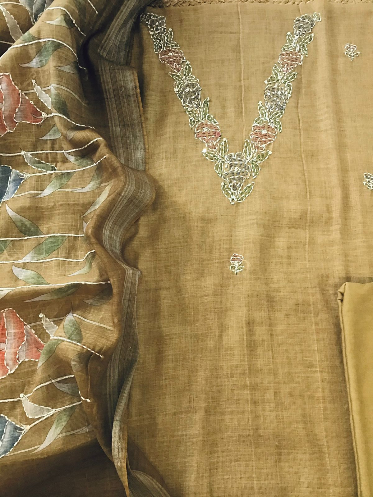 Soft Linen Jute Cotton Printed Embroidered Suit - Mustard