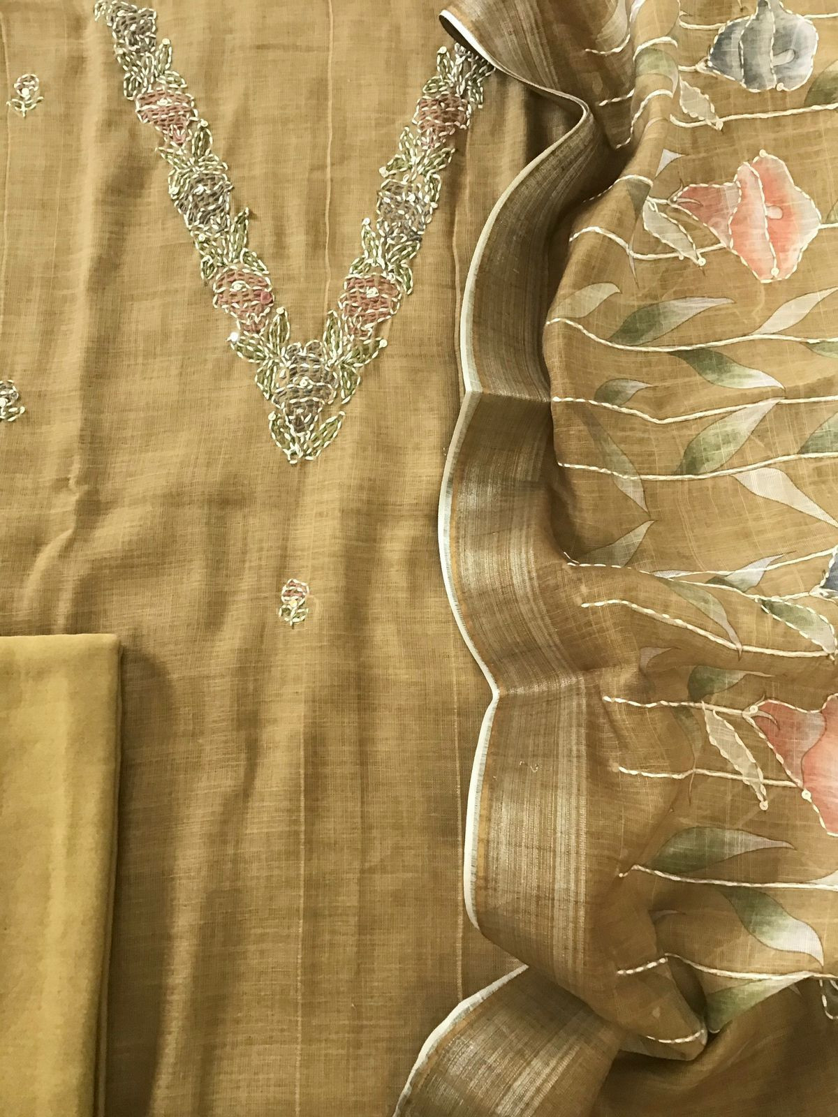 Soft Linen Jute Cotton Printed Embroidered Suit - Mustard