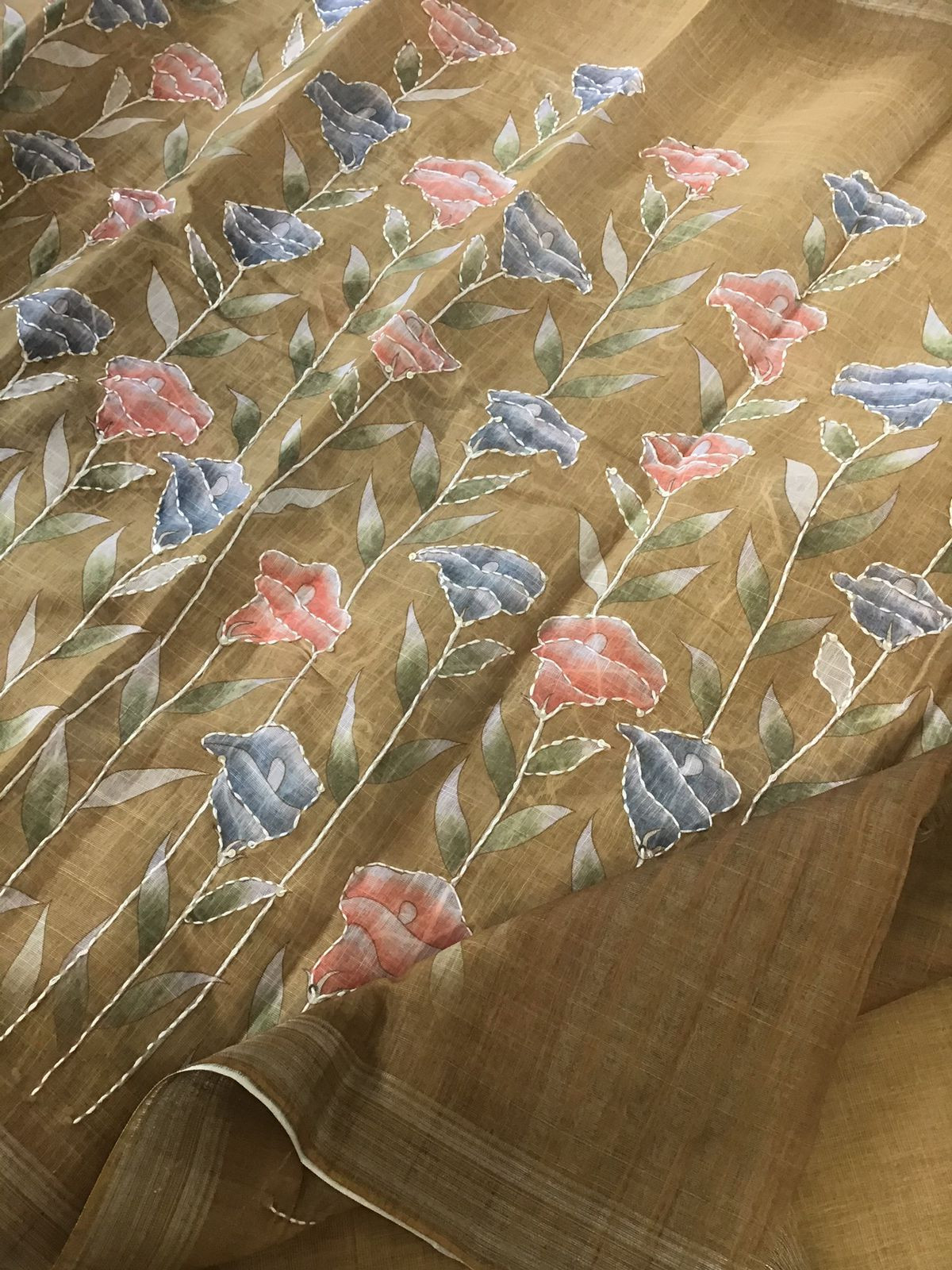 Soft Linen Jute Cotton Printed Embroidered Suit - Mustard