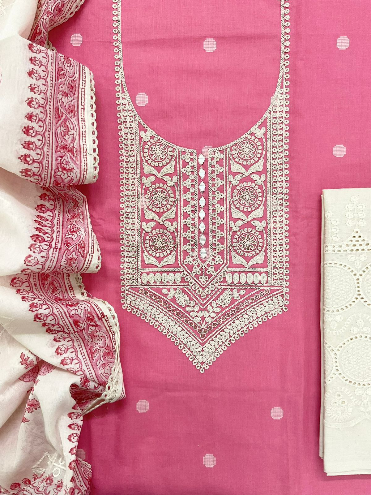 Pure Handloom Cotton Self Weaved Printed Embroidered Suit - Pink