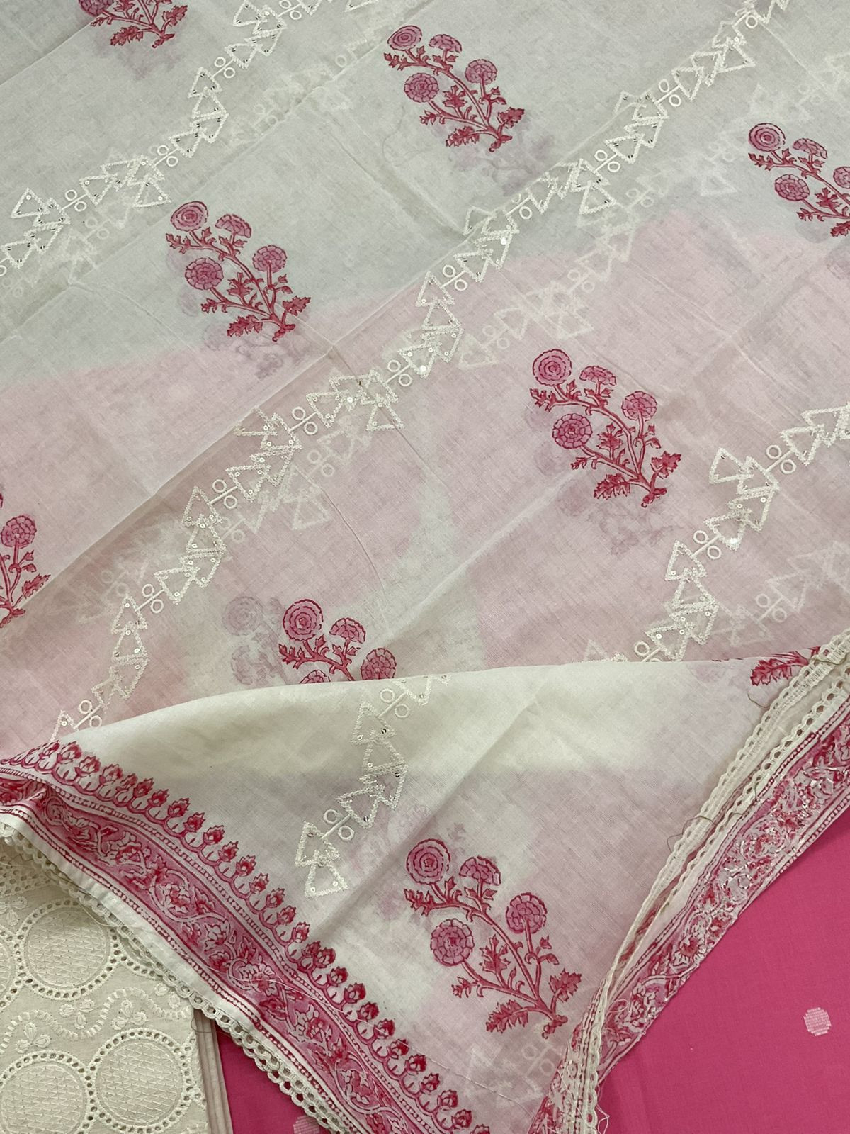 Pure Handloom Cotton Self Weaved Printed Embroidered Suit - Pink