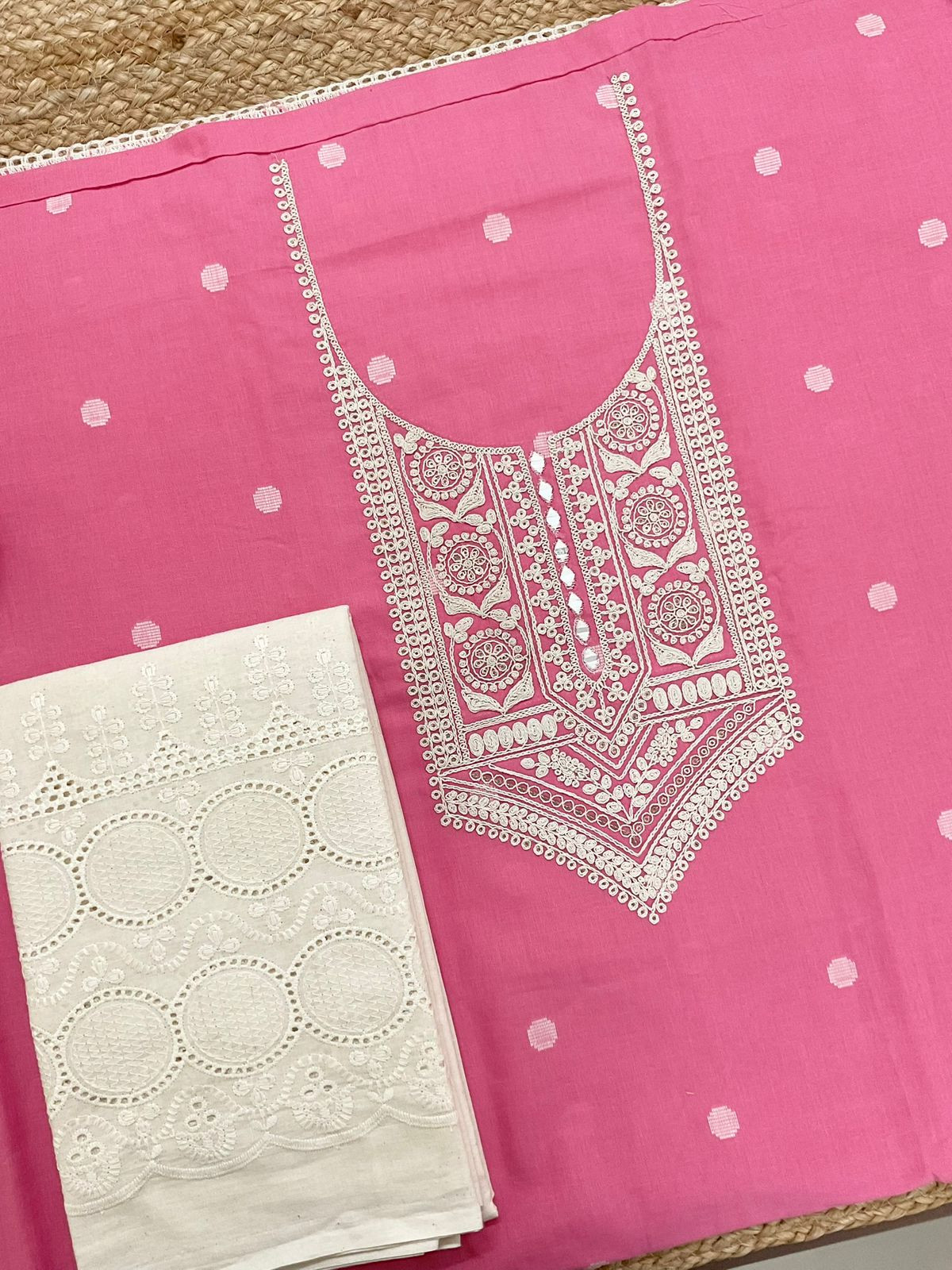 Pure Handloom Cotton Self Weaved Printed Embroidered Suit - Pink