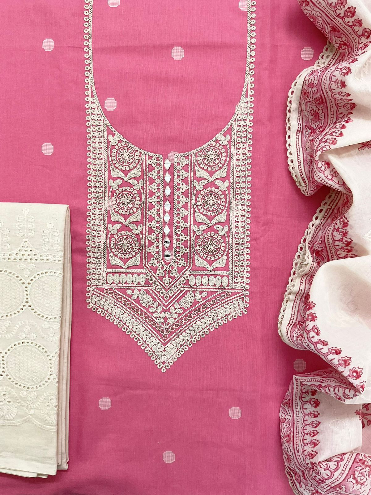 Pure Handloom Cotton Self Weaved Printed Embroidered Suit - Pink