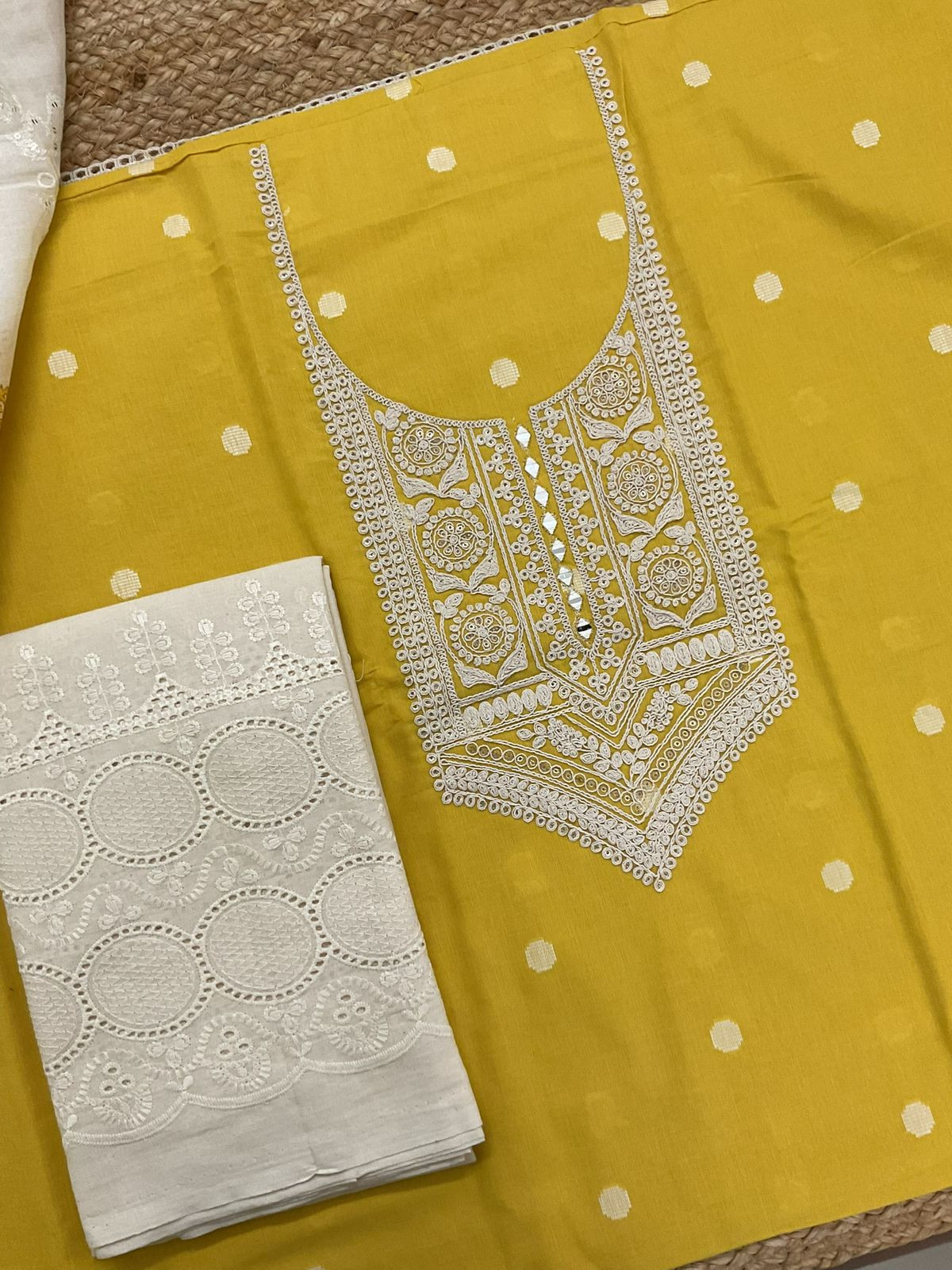 Pure Handloom Cotton Self Weaved Printed Embroidered Suit - Yellow