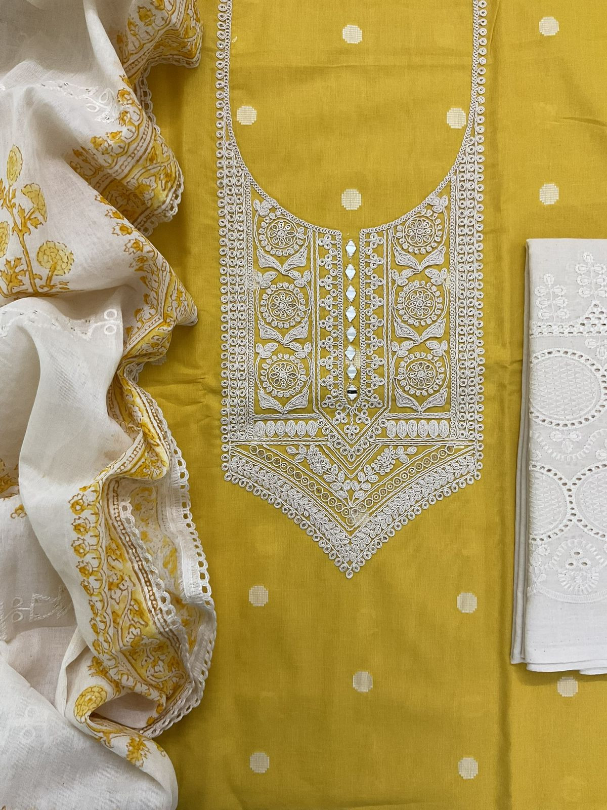 Pure Handloom Cotton Self Weaved Printed Embroidered Suit - Yellow