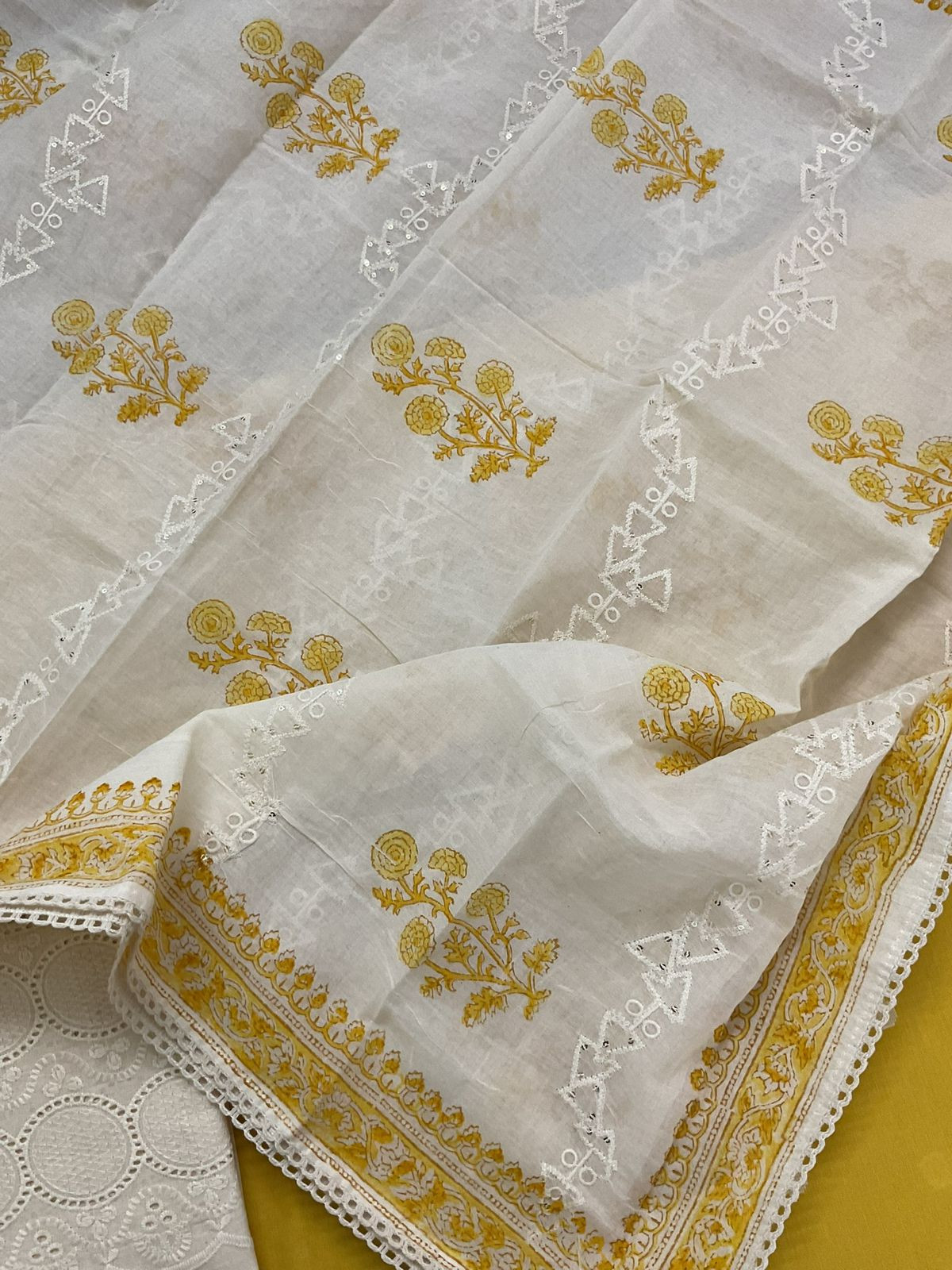 Pure Handloom Cotton Self Weaved Printed Embroidered Suit - Yellow