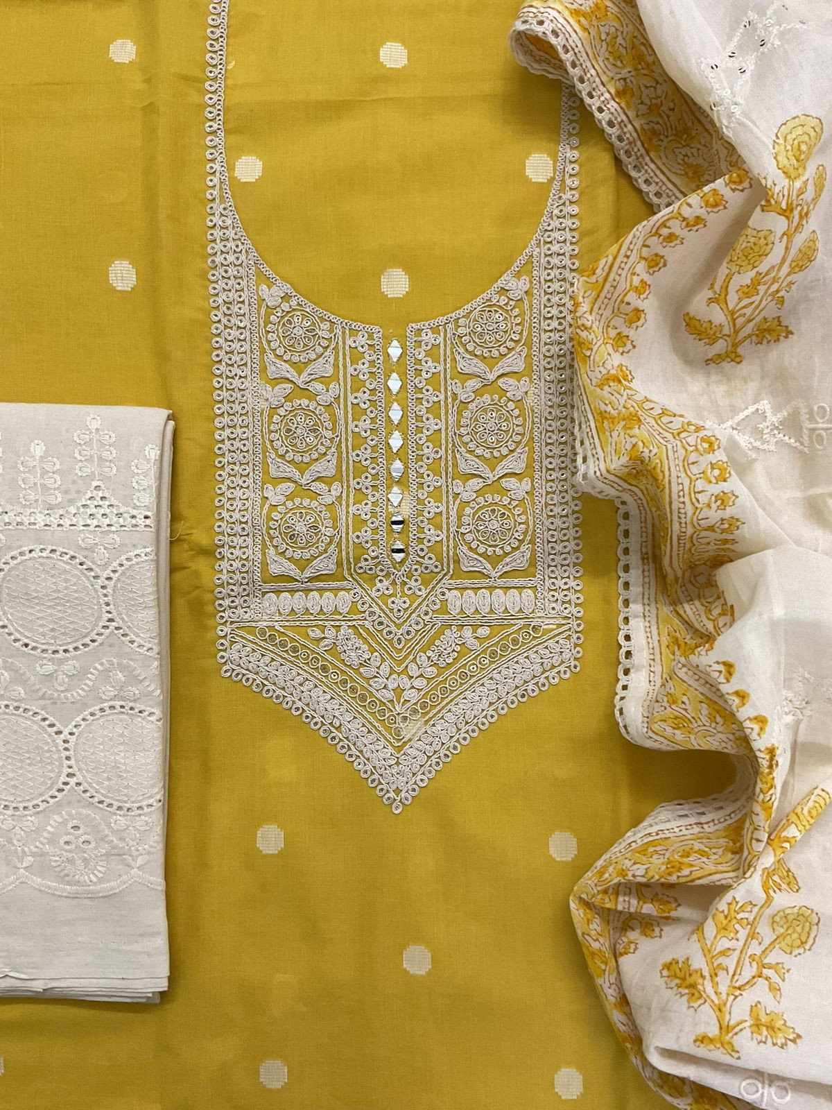 Pure Handloom Cotton Self Weaved Printed Embroidered Suit - Yellow