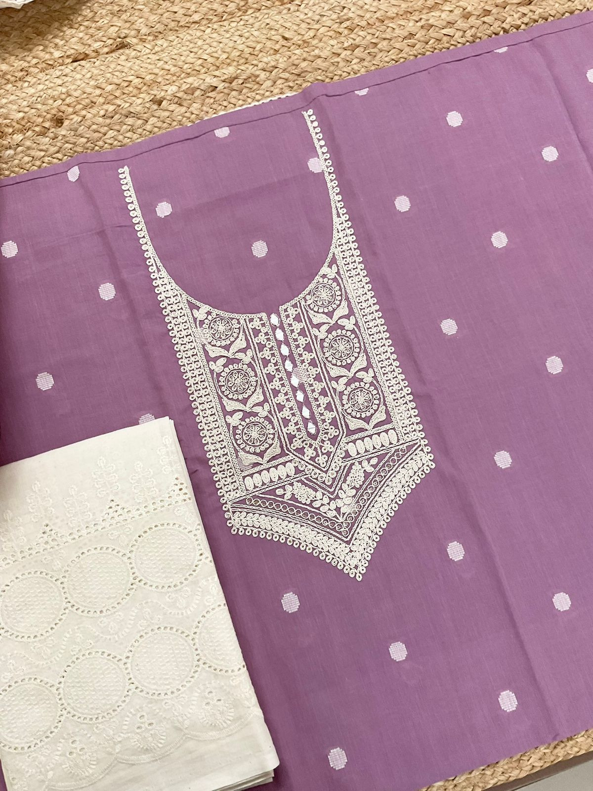 Pure Handloom Cotton Self Weaved Printed Embroidered Suit - Lavender