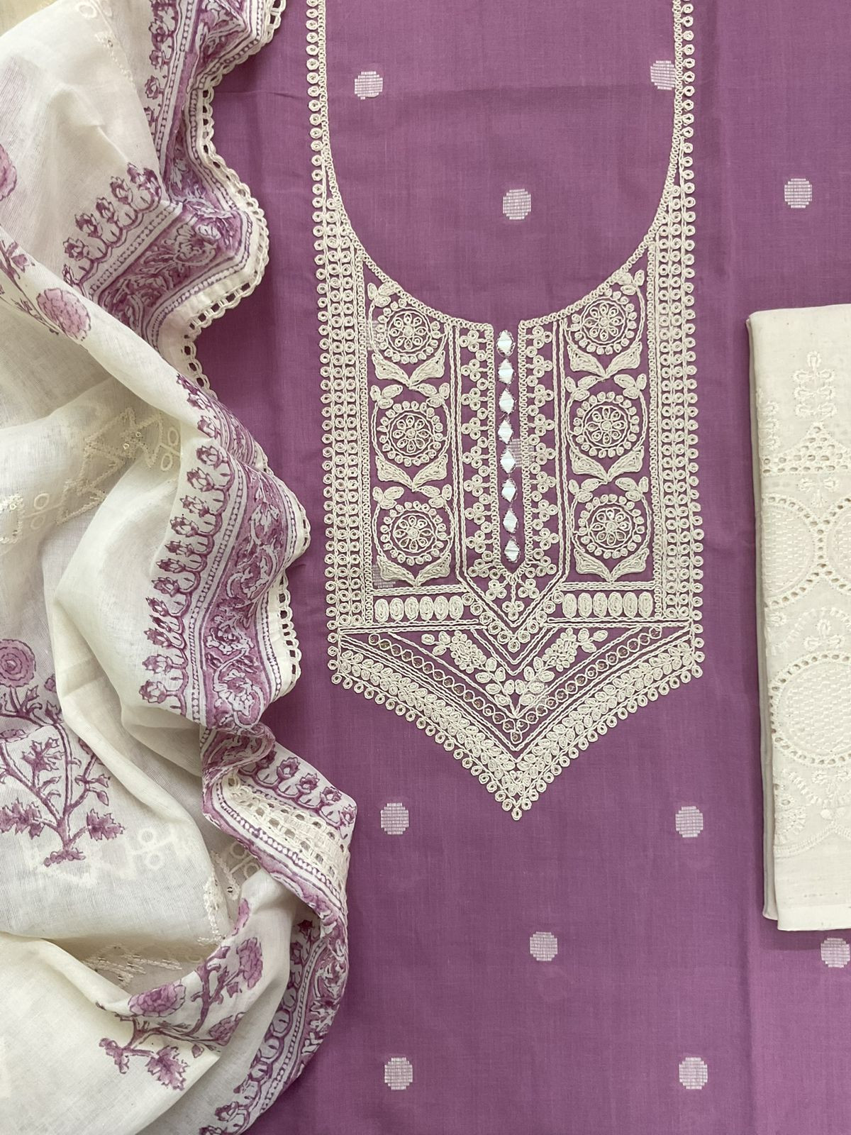 Pure Handloom Cotton Self Weaved Printed Embroidered Suit - Lavender