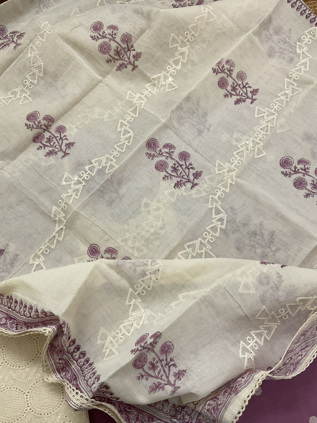 Pure Handloom Cotton Self Weaved Printed Embroidered Suit - Lavender