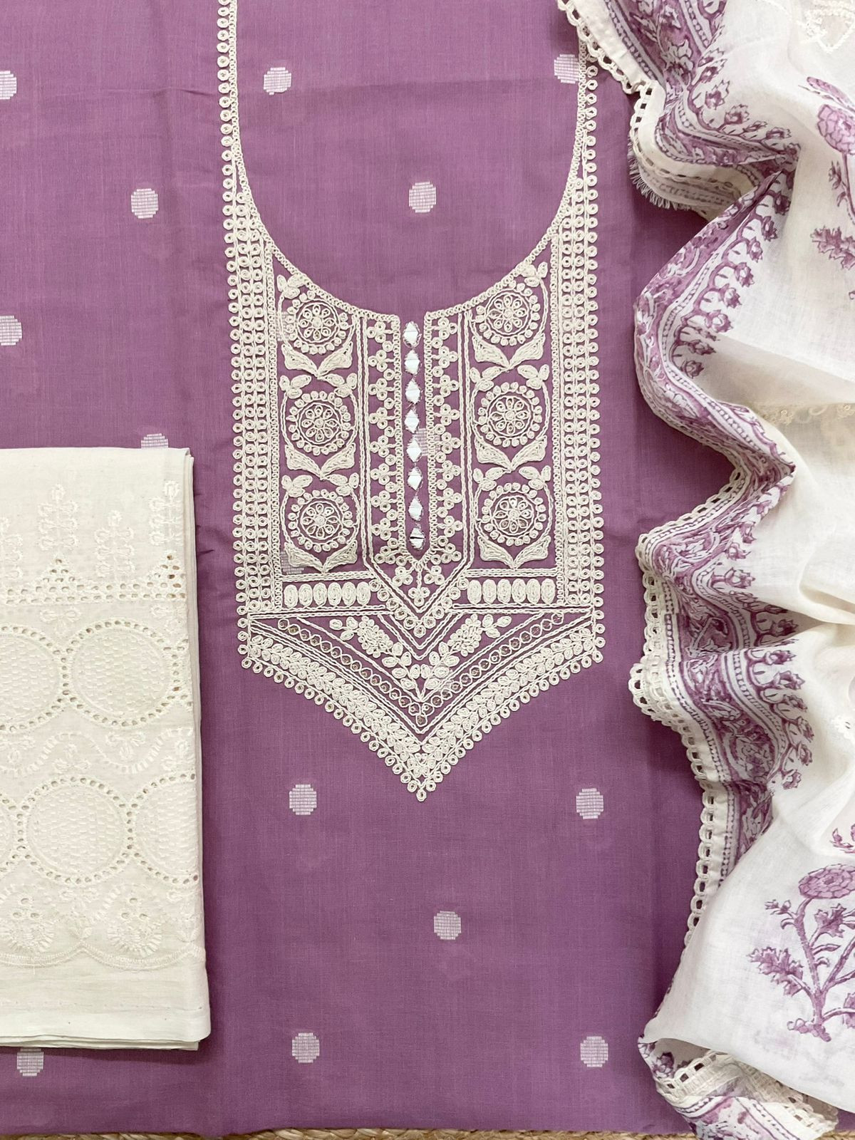 Pure Handloom Cotton Self Weaved Printed Embroidered Suit - Lavender
