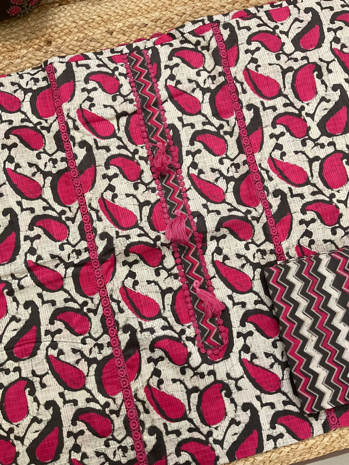 Pure Cotton Self Weaved Printed Embroidered Suit - Beige