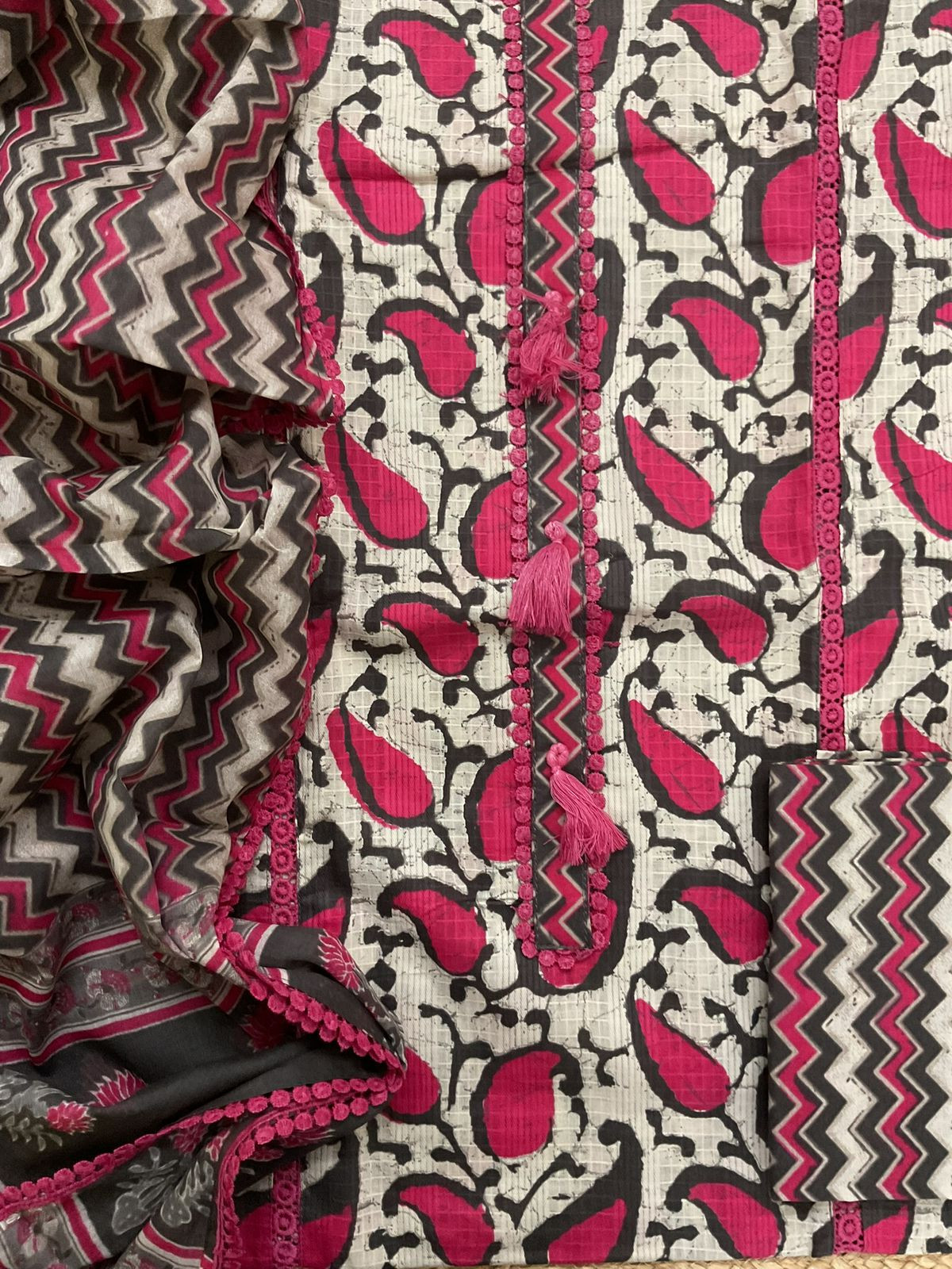 Pure Cotton Self Weaved Printed Embroidered Suit - Beige