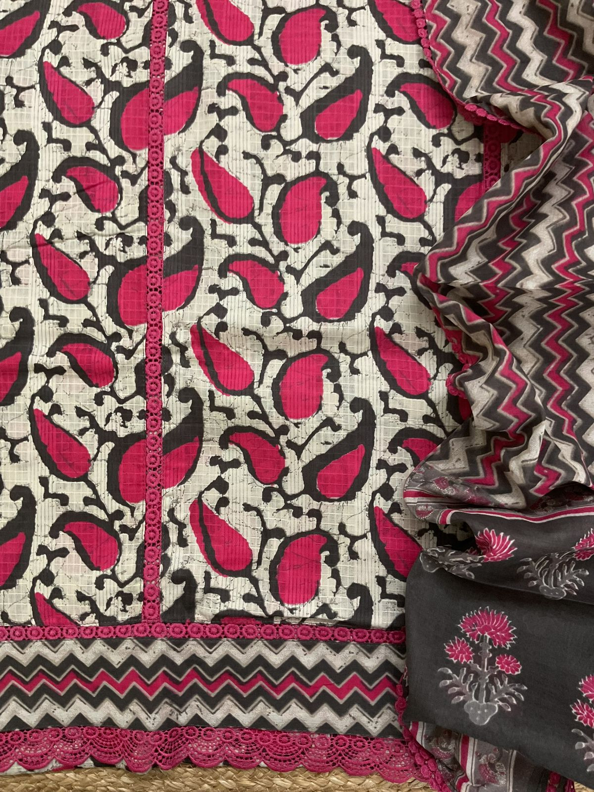 Pure Cotton Self Weaved Printed Embroidered Suit - Beige