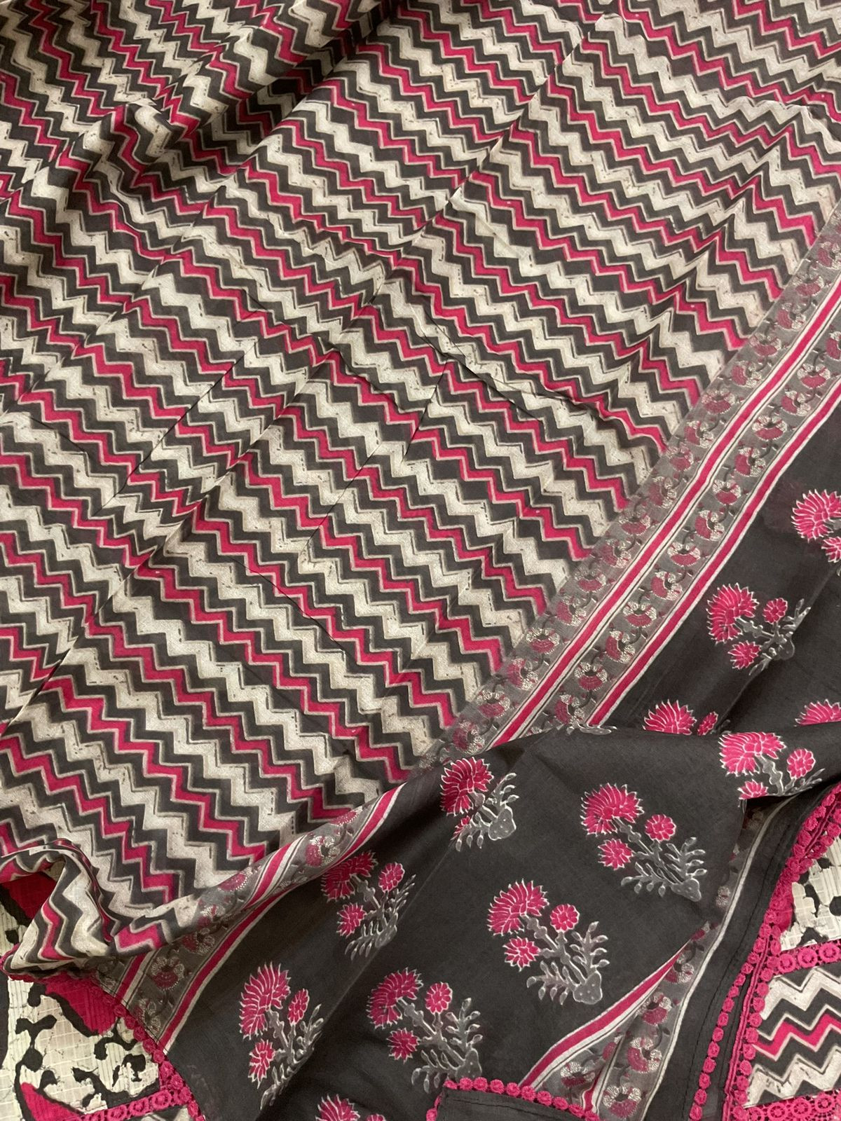 Pure Cotton Self Weaved Printed Embroidered Suit - Beige