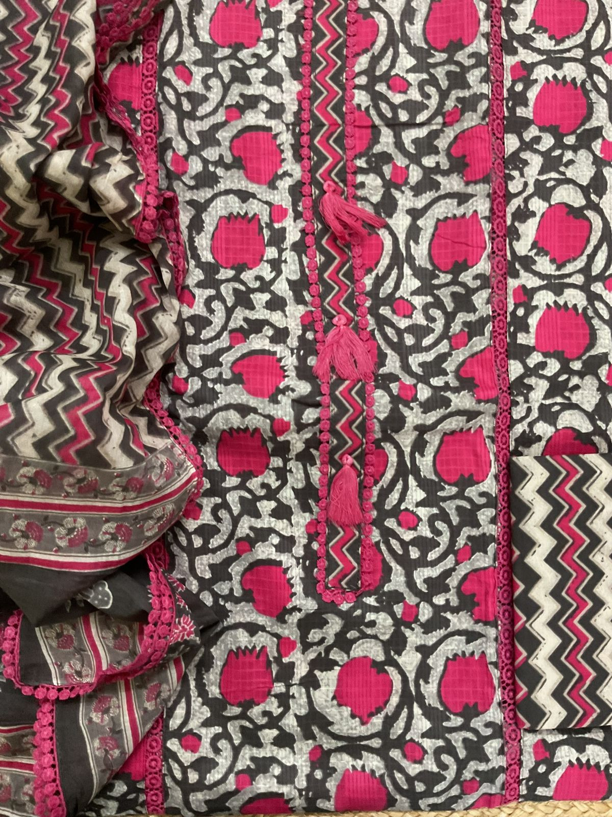 Pure Cotton Self Weaved Printed Embroidered Suit - Beige