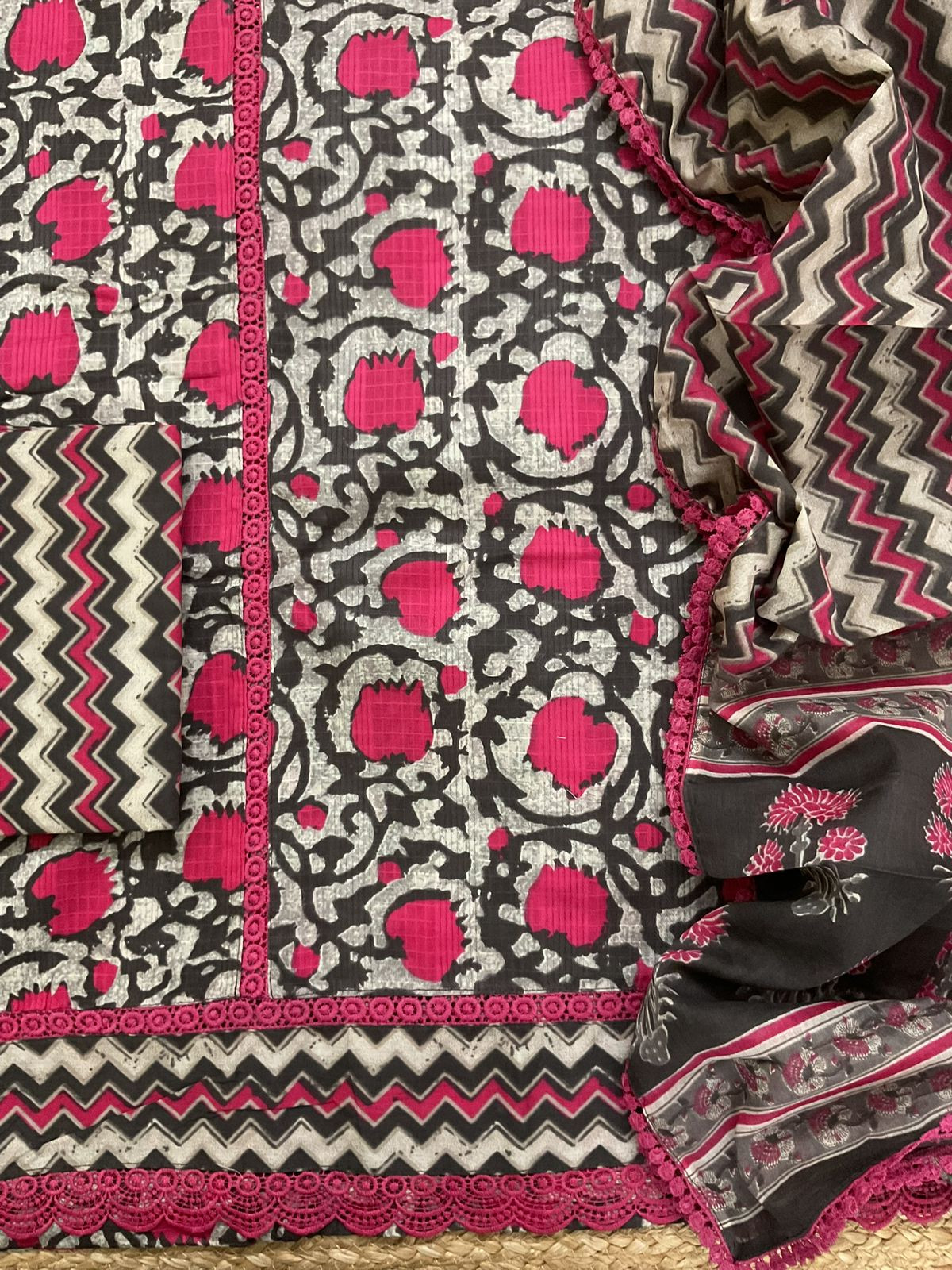 Pure Cotton Self Weaved Printed Embroidered Suit - Beige