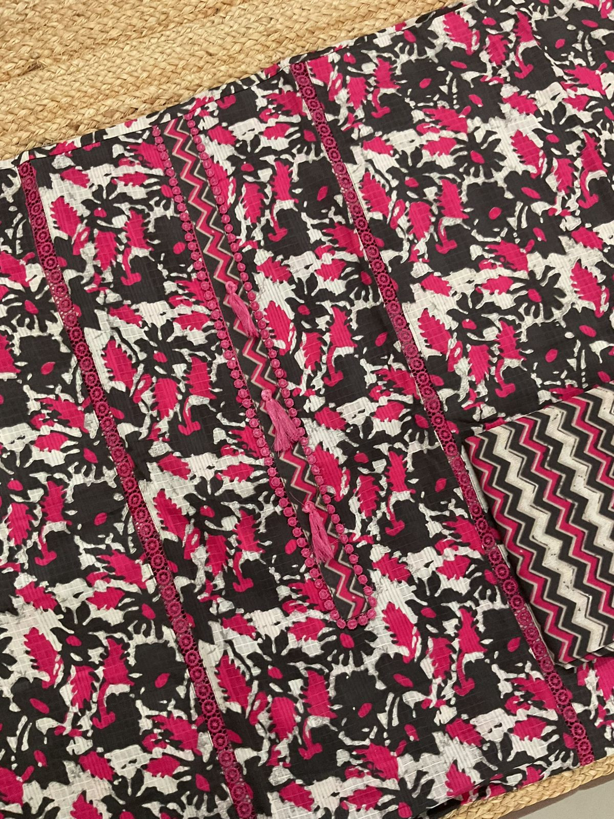 Pure Cotton Self Weaved Printed Embroidered Suit - Beige