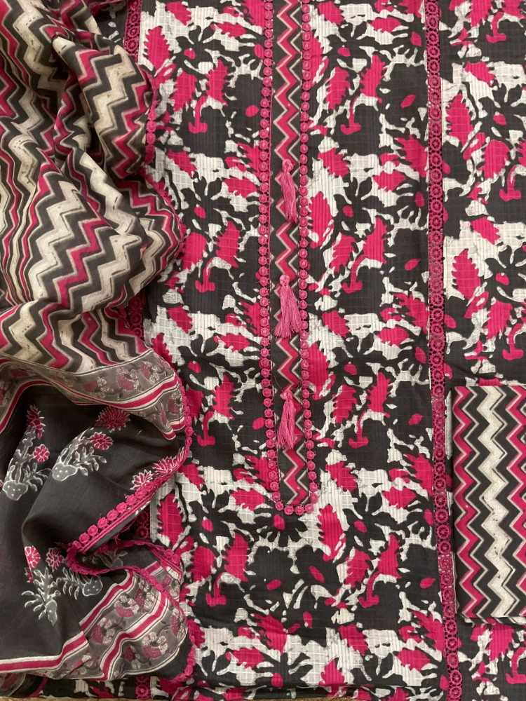 Image of Pure Cotton Self Weaved Printed Embroidered Suit - Beige