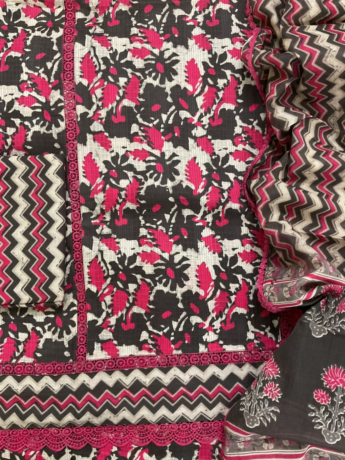 Pure Cotton Self Weaved Printed Embroidered Suit - Beige