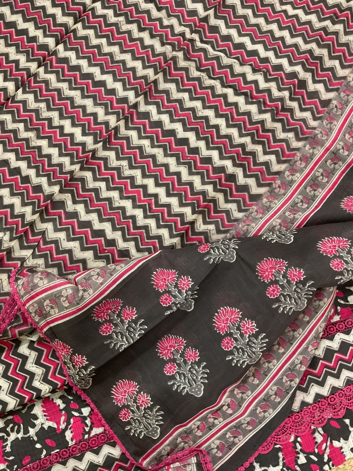 Pure Cotton Self Weaved Printed Embroidered Suit - Beige