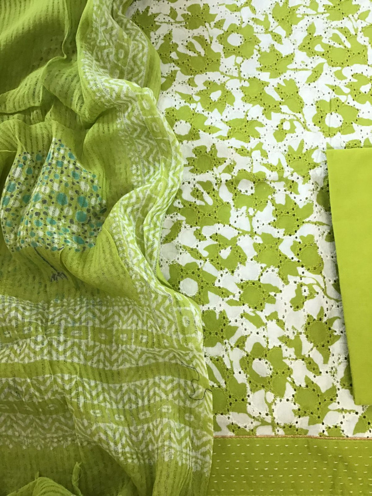 Image of Pure Hakoba Cotton Printed Embroidered Suit - Green