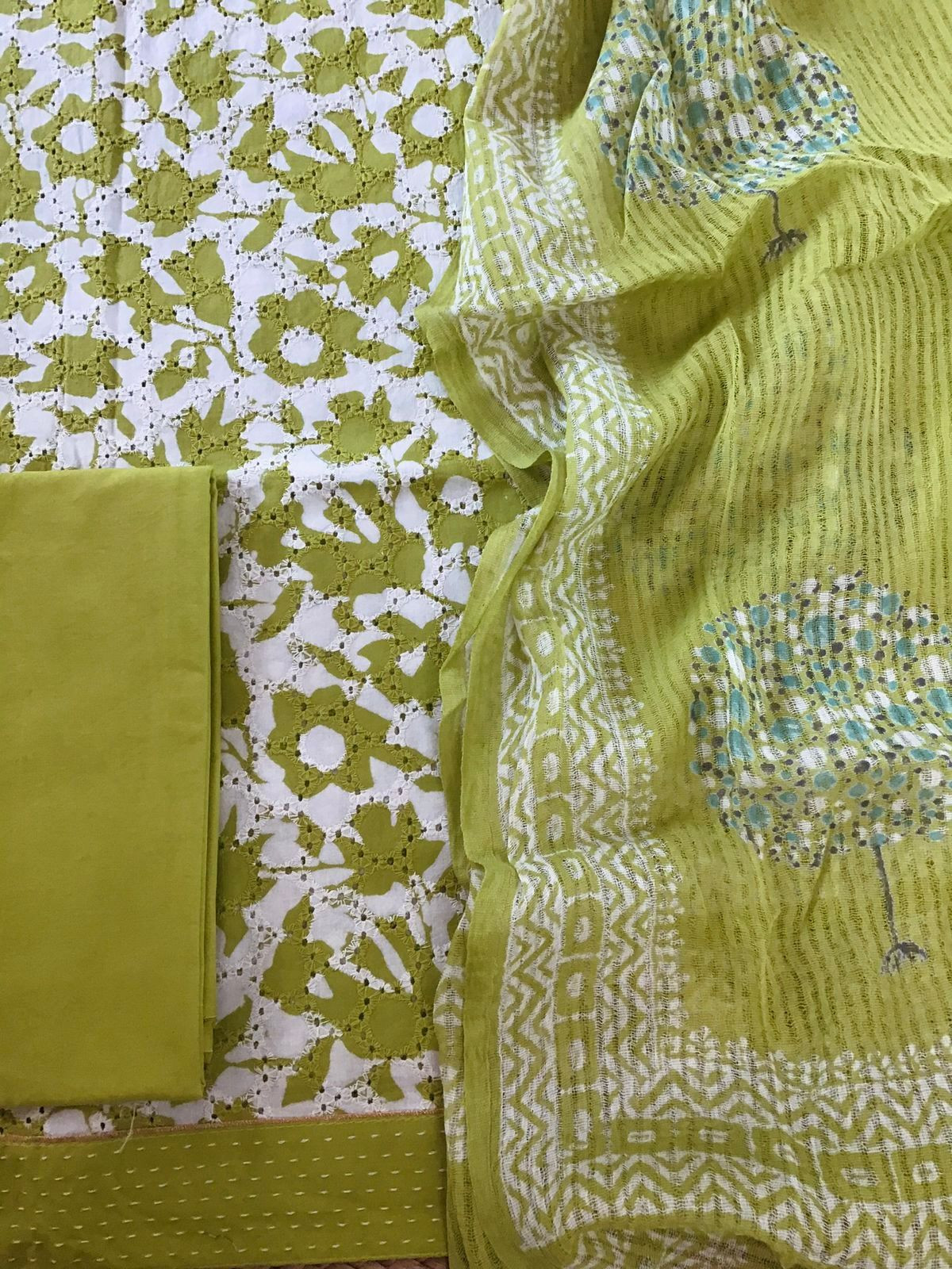 Pure Hakoba Cotton Printed Embroidered Suit - Green