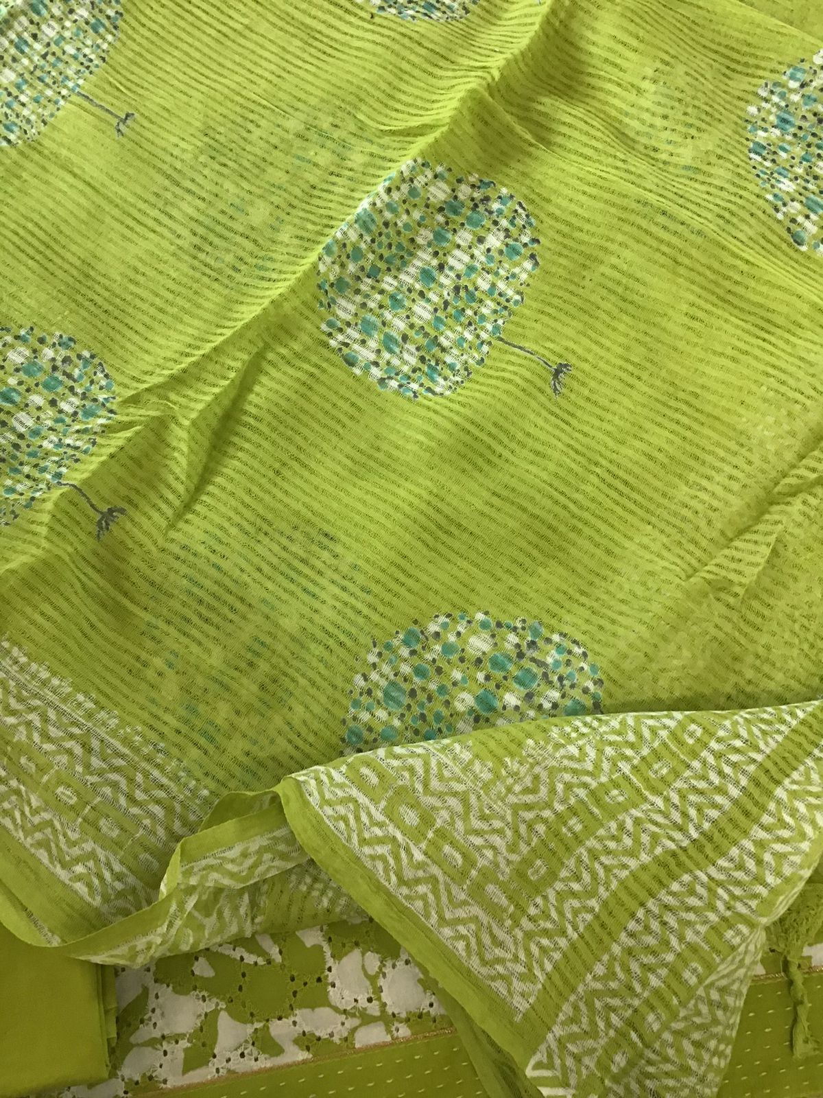 Pure Hakoba Cotton Printed Embroidered Suit - Green