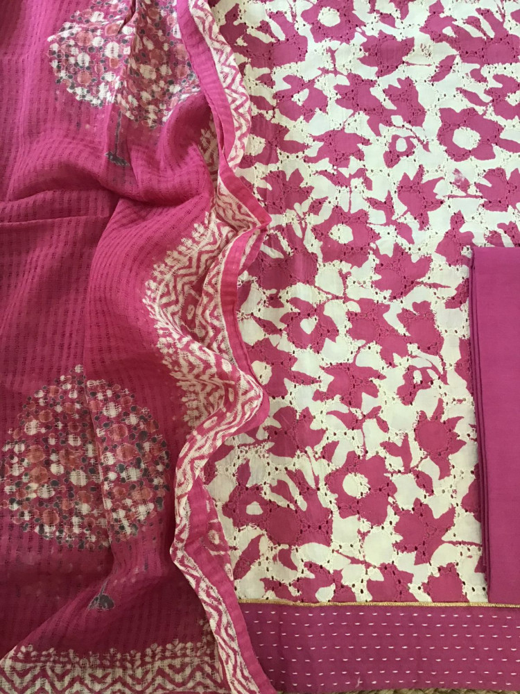 Image of Pure Hakoba Cotton Printed Embroidered Suit - Pink