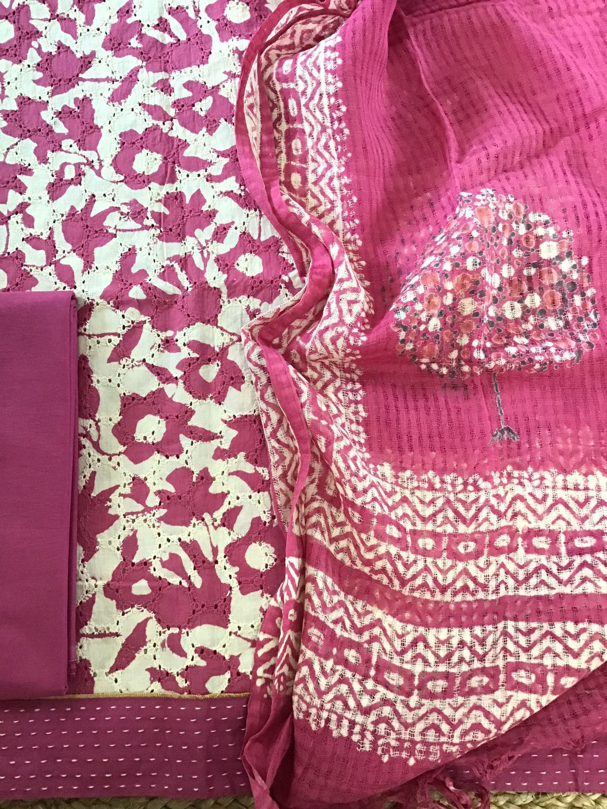 Pure Hakoba Cotton Printed Embroidered Suit - Pink