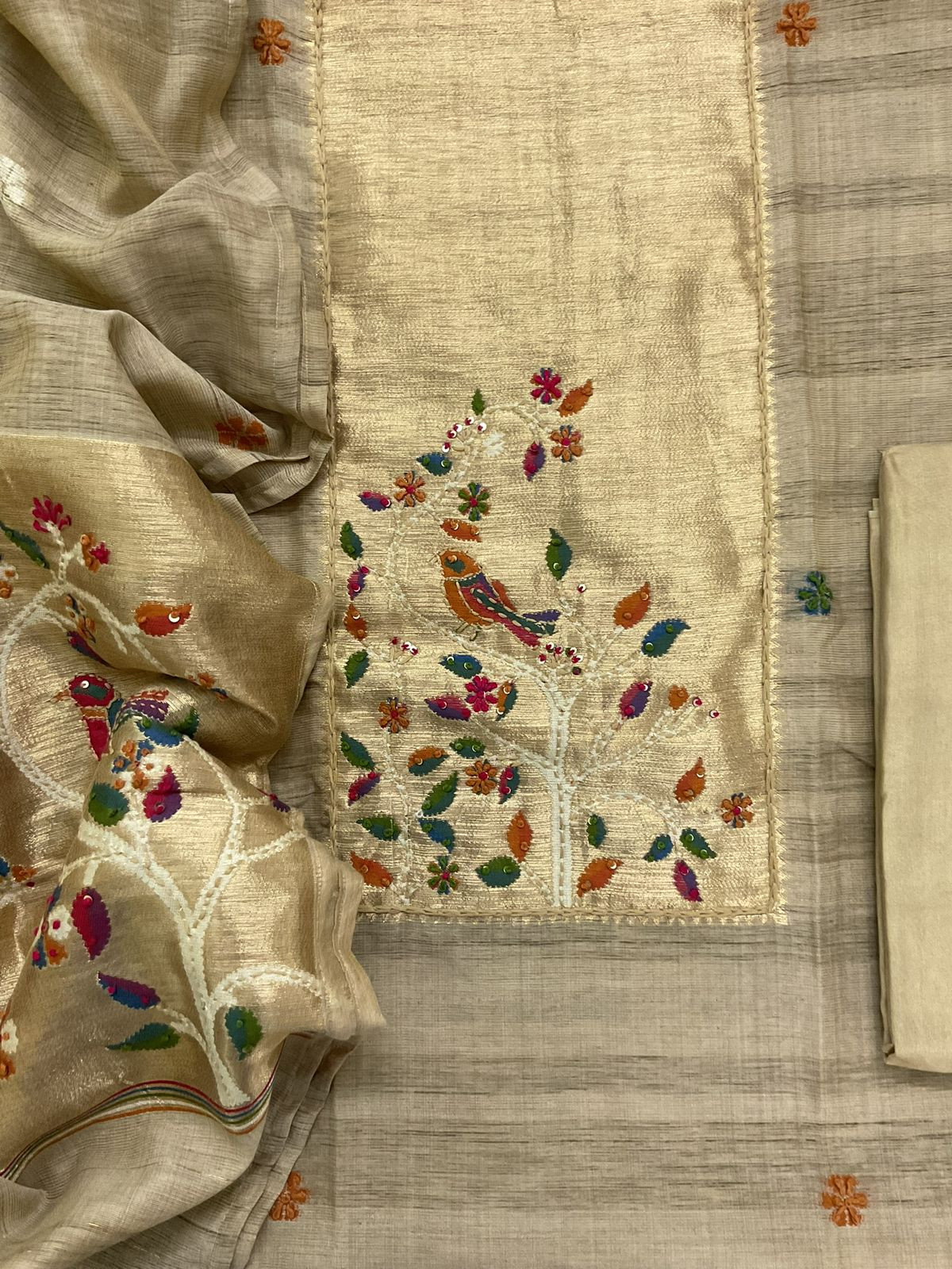 Soft Tissue Raw Silk Paithani Weaved Embroidered Suit - Beige