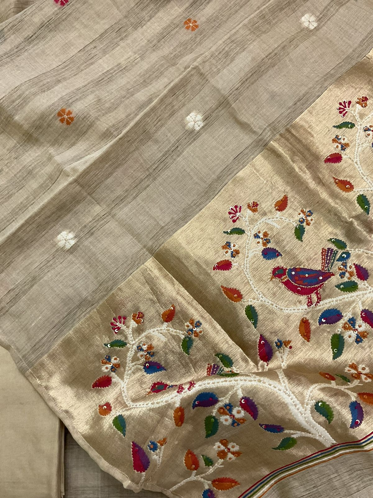 Soft Tissue Raw Silk Paithani Weaved Embroidered Suit - Beige