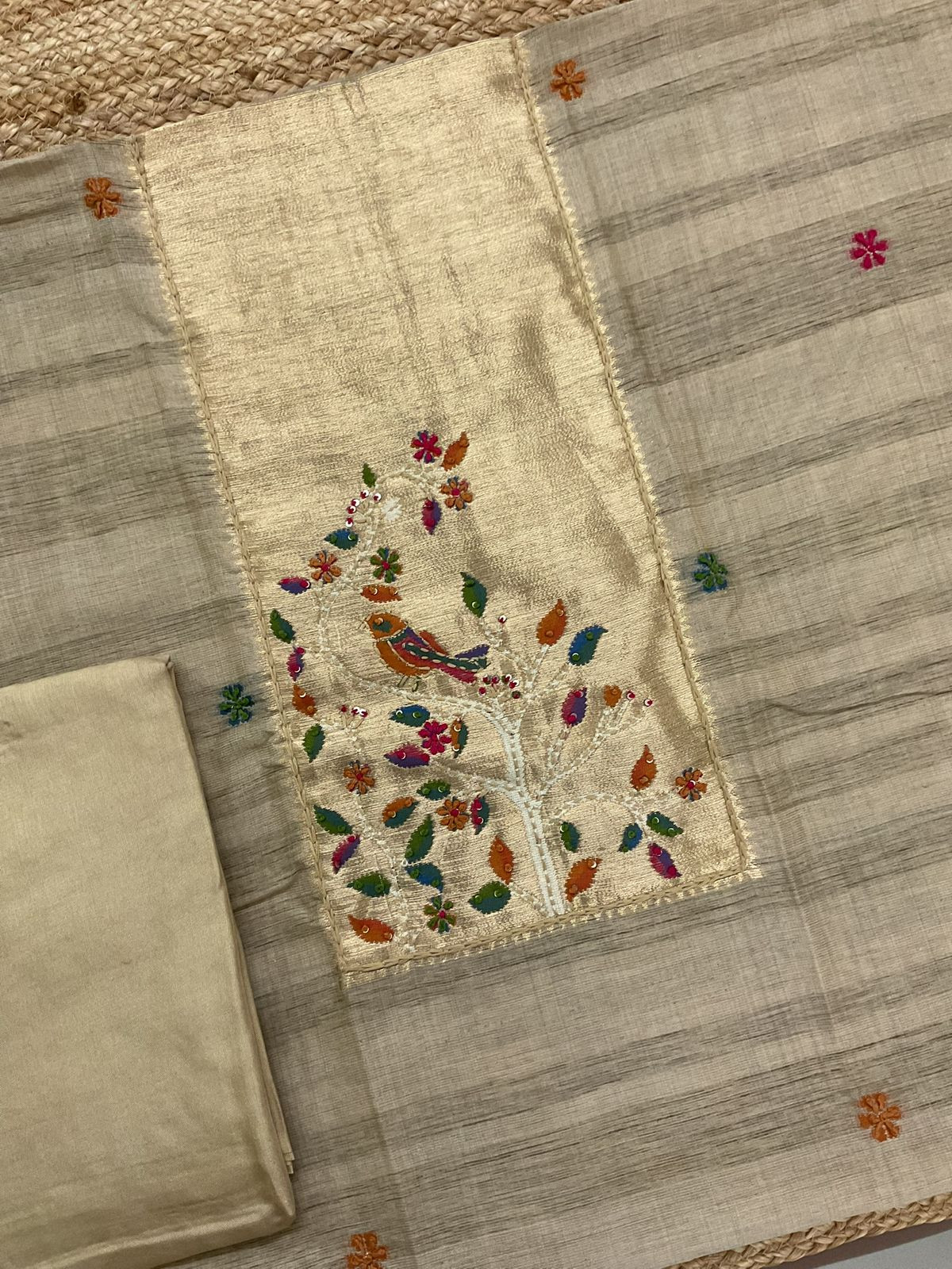 Soft Tissue Raw Silk Paithani Weaved Embroidered Suit - Beige