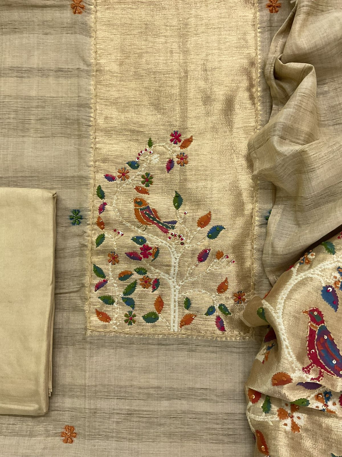 Soft Tissue Raw Silk Paithani Weaved Embroidered Suit - Beige