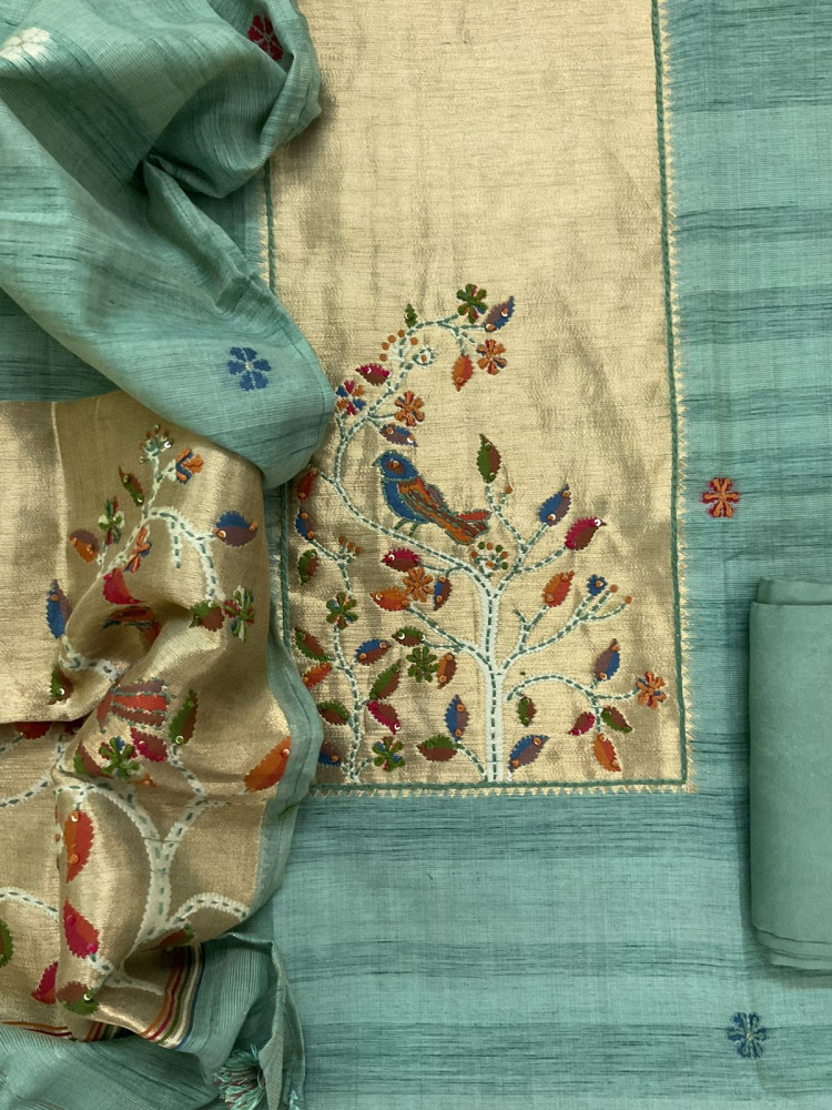 Image of Soft Tissue Raw Silk Paithani Weaved Embroidered Suit - Blue