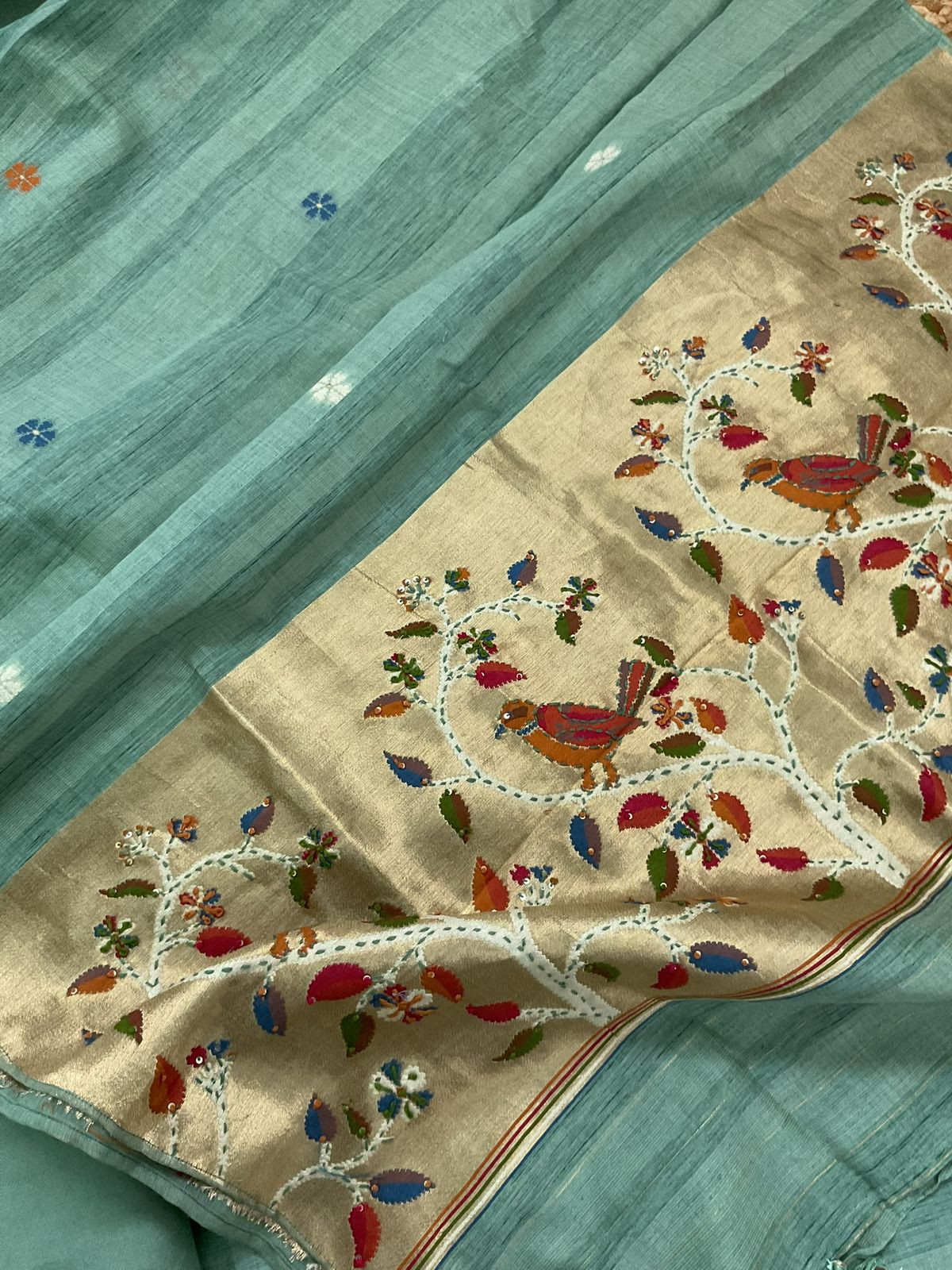 Soft Tissue Raw Silk Paithani Weaved Embroidered Suit - Blue