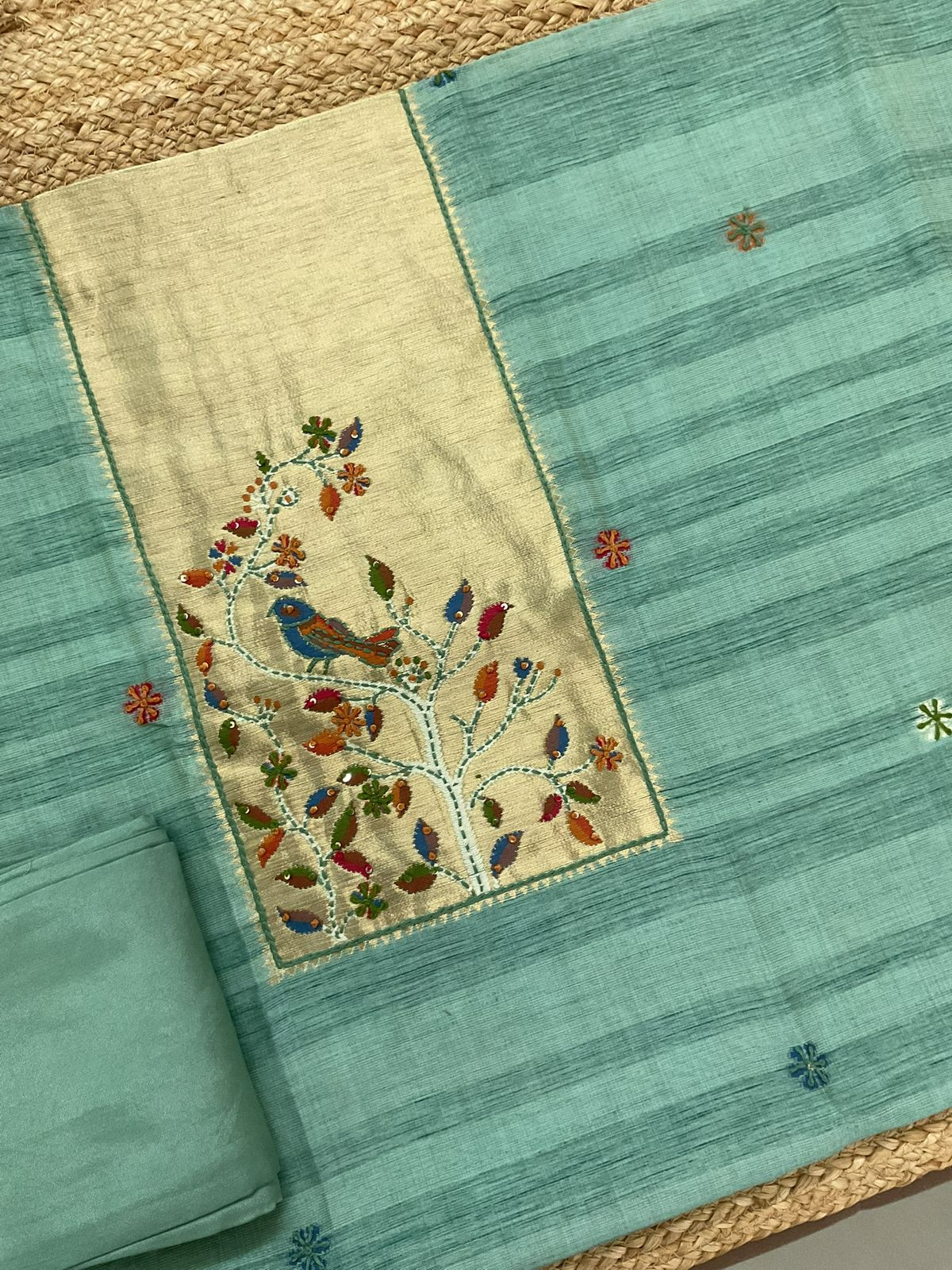 Soft Tissue Raw Silk Paithani Weaved Embroidered Suit - Blue