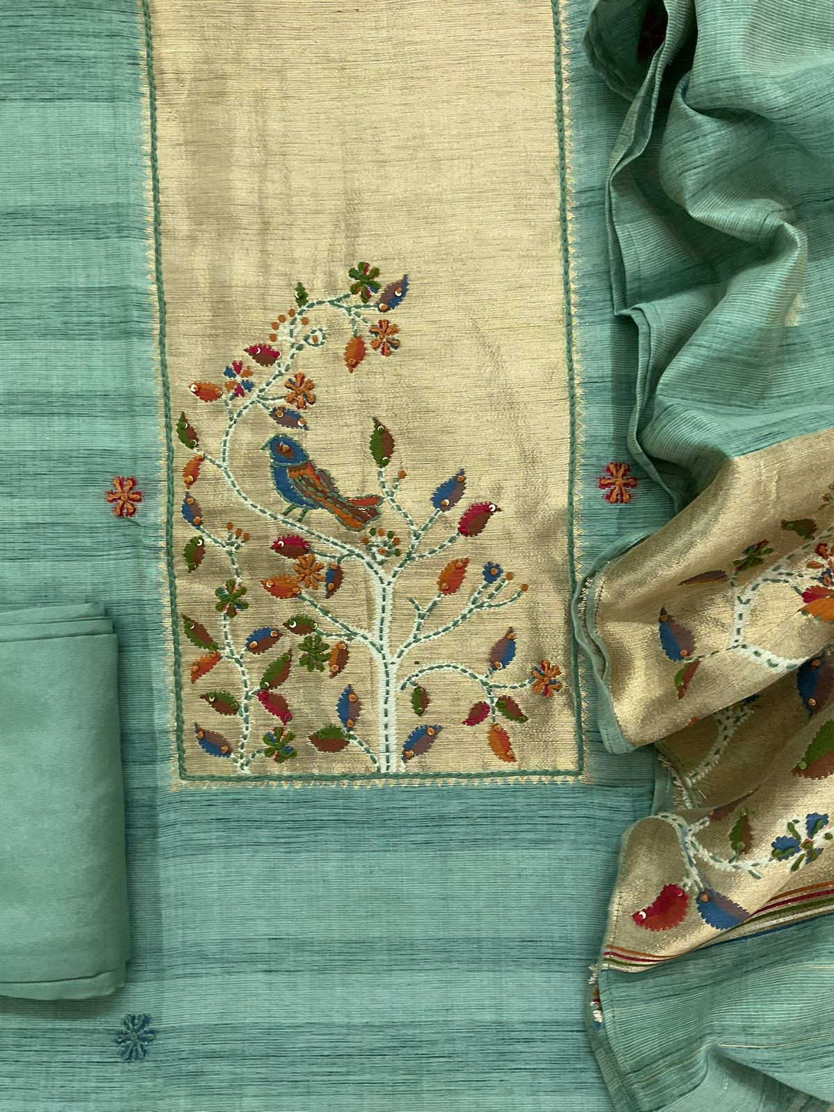 Soft Tissue Raw Silk Paithani Weaved Embroidered Suit - Blue