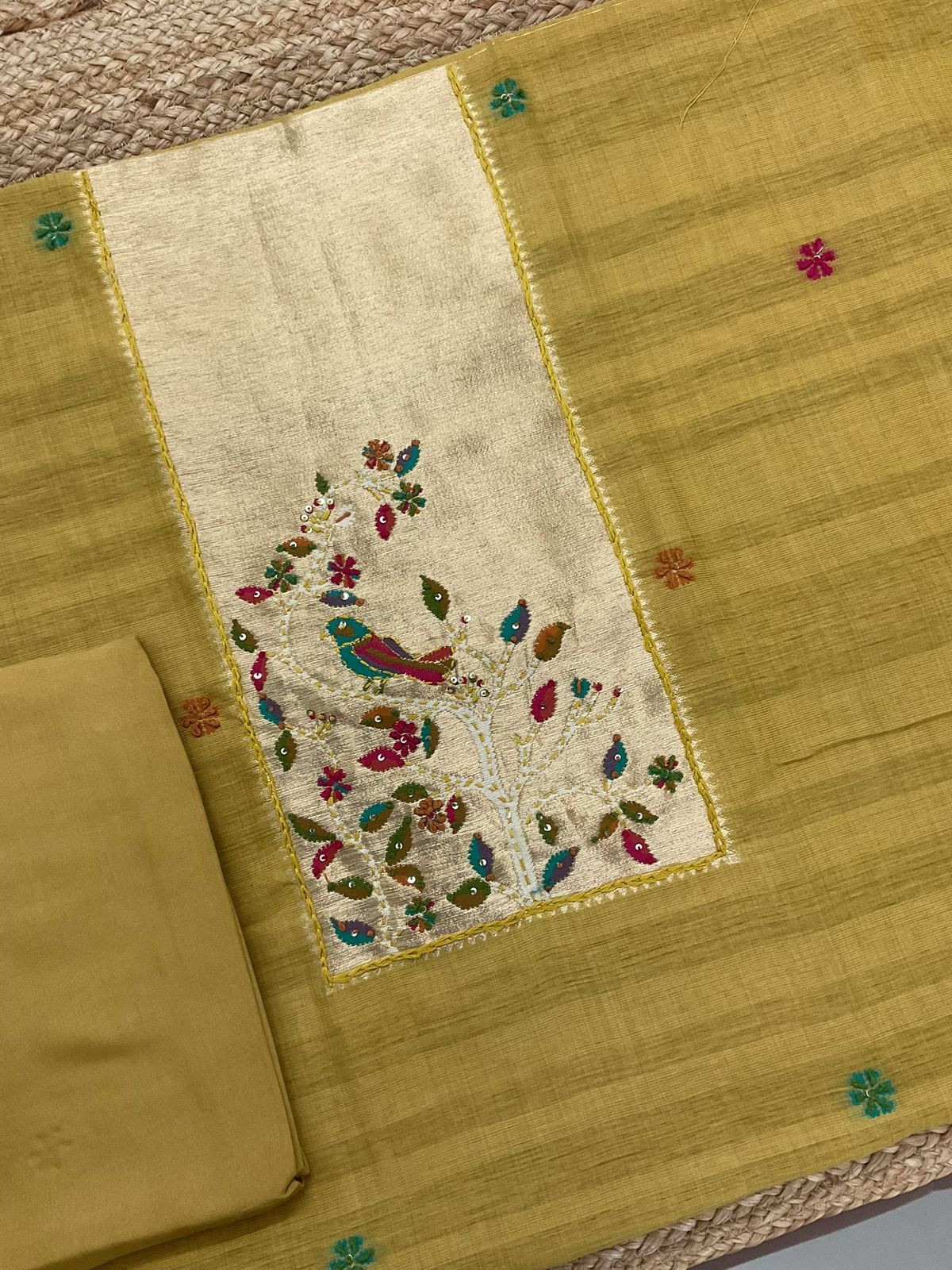 Soft Tissue Raw Silk Paithani Weaved Embroidered Suit - Yellow