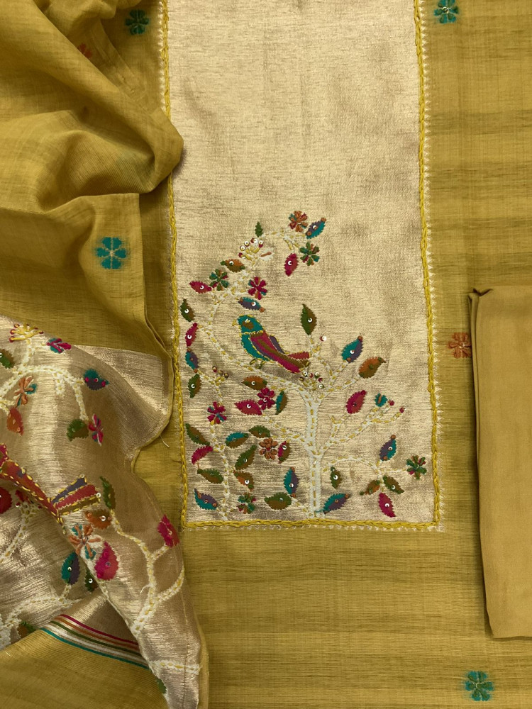 Image of Soft Tissue Raw Silk Paithani Weaved Embroidered Suit - Yellow