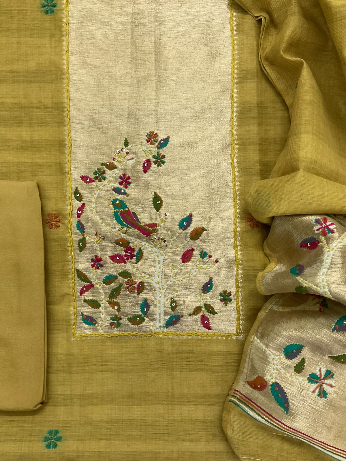 Soft Tissue Raw Silk Paithani Weaved Embroidered Suit - Yellow