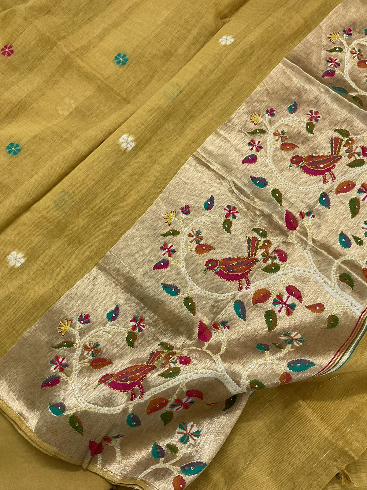 Soft Tissue Raw Silk Paithani Weaved Embroidered Suit - Yellow