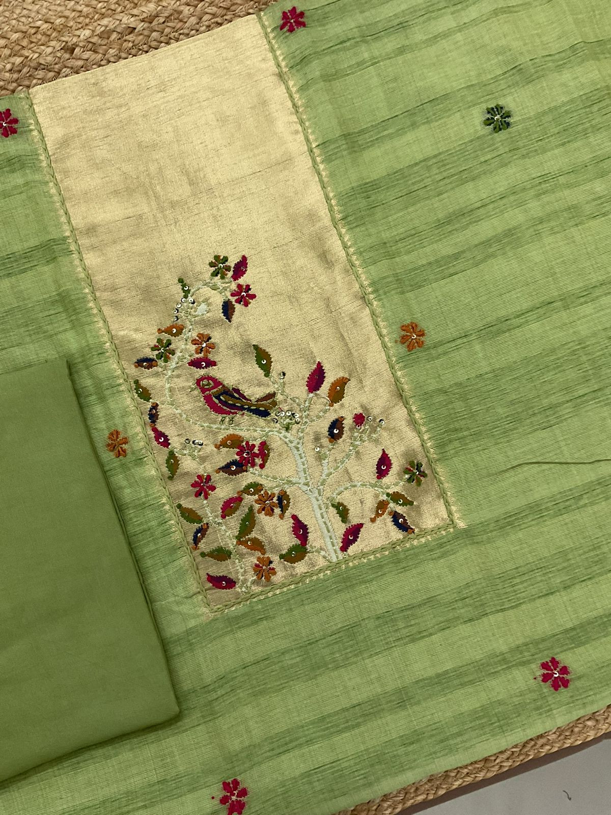 Soft Tissue Raw Silk Paithani Weaved Embroidered Suit - Green