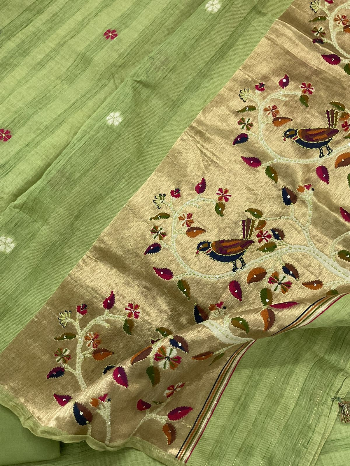 Soft Tissue Raw Silk Paithani Weaved Embroidered Suit - Green