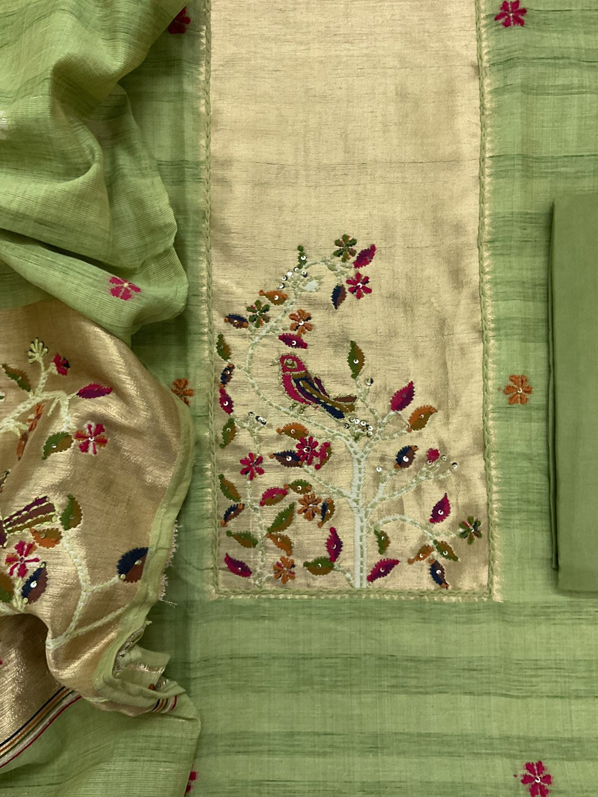 Soft Tissue Raw Silk Paithani Weaved Embroidered Suit - Green