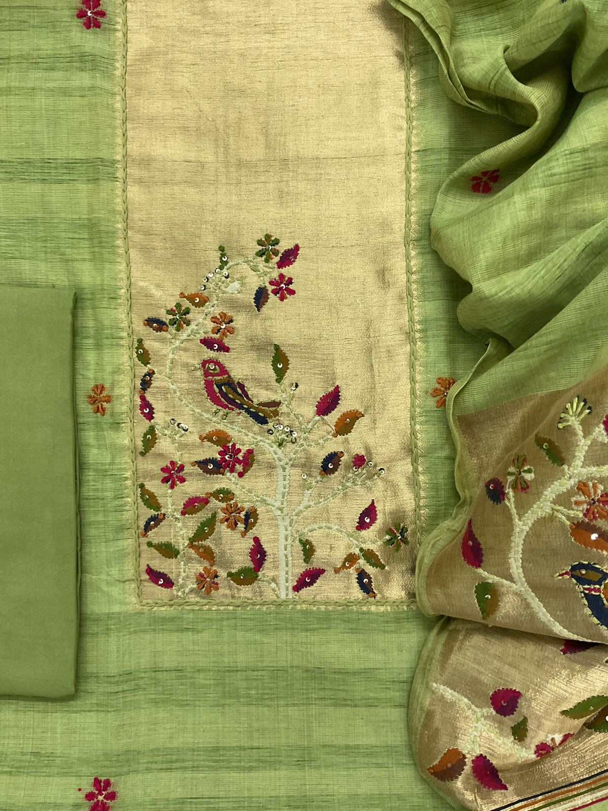 Soft Tissue Raw Silk Paithani Weaved Embroidered Suit - Green