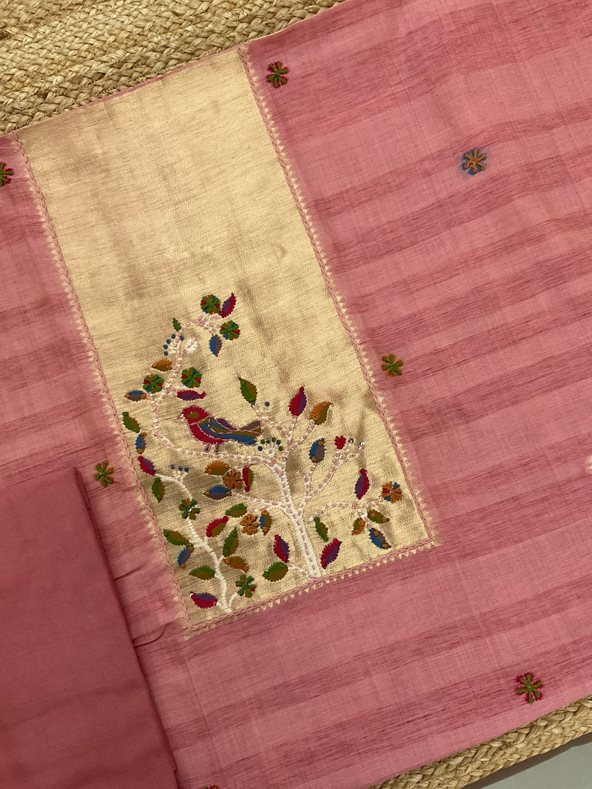 Soft Tissue Raw Silk Paithani Weaved Embroidered Suit - Pink