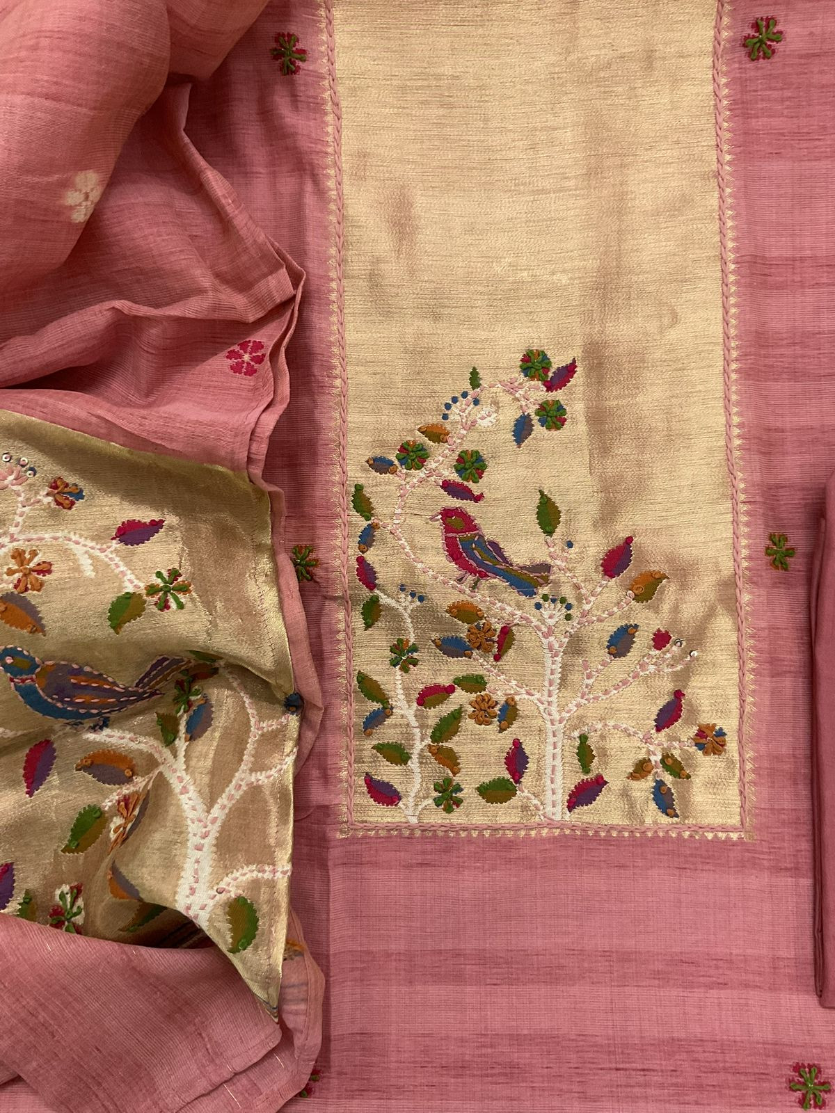 Soft Tissue Raw Silk Paithani Weaved Embroidered Suit - Pink