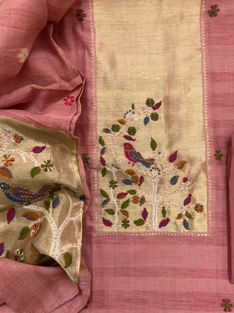 Image of Soft Tissue Raw Silk Paithani Weaved Embroidered Suit - Pink